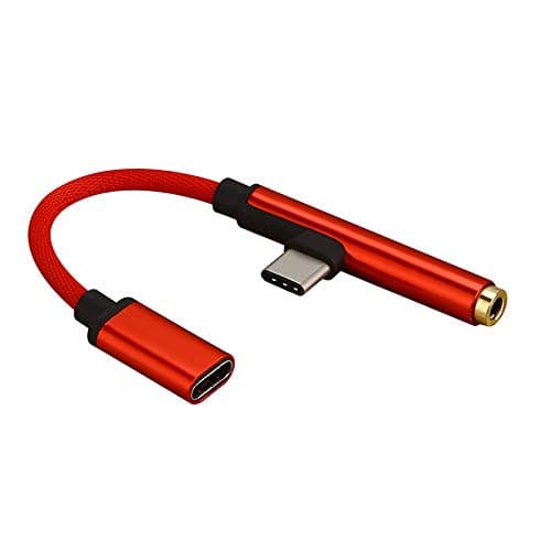 HKEPS USB C to 3.5mm Adapter with Charging, Type C to 3.5mm Audio Jack Headphone Adapter Converter Supports Audio and Charging for HTC U11 and other USB C Device (Red)