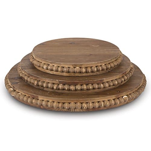 Lone Elm Wood Beaded Pedestal Tray (Set of 3), 16" x 1.5" x 16"