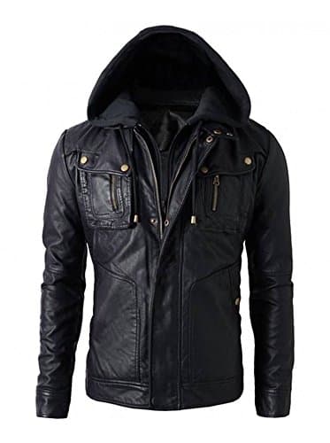 New Men's Brando Style Biker Synthetic Leather Hoodie Jacket - Detach Hood (XS-40")