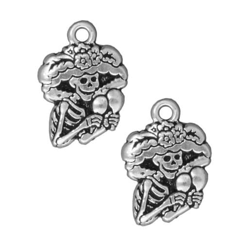 Silver Plated Pewter Dia De Los Muertos Catrina Pendant Charm 24mm (1)