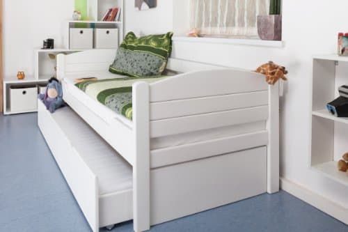 Single bed / Day bed "Easy Furniture" K1/s, incl. trundle bed frame and cover plates, solid beech wood, white painted - 90 x 200 cm
