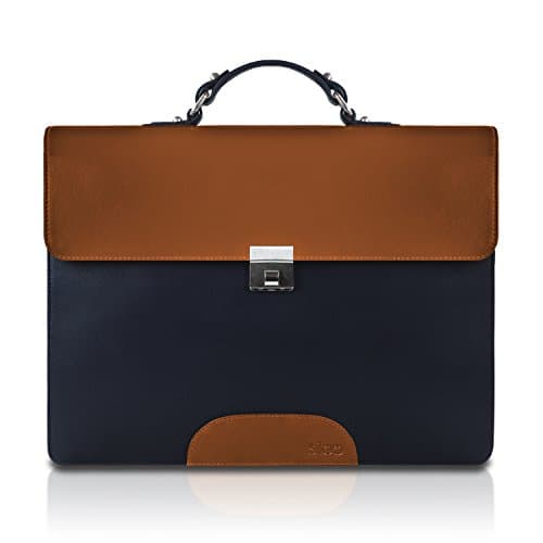 SILEO® Premium Genuine Leather Briefcase ADAM with Padded Pocket for Laptops up to 15.6 Inch – Mens HanMBag, Satchel, Messenger, Crossover, Shoulder, Laptop Bag for Men in Navy Blue &amp; Tan