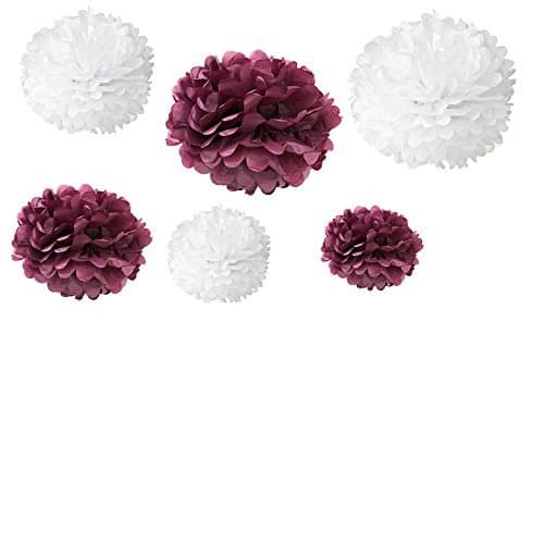 Generic Set of 12pcs Mixed 3 Sizes White Maroon Tissue Paper Pom Poms Flower Wedding Party Baby Girl Room Nursery Decoration by Somnr