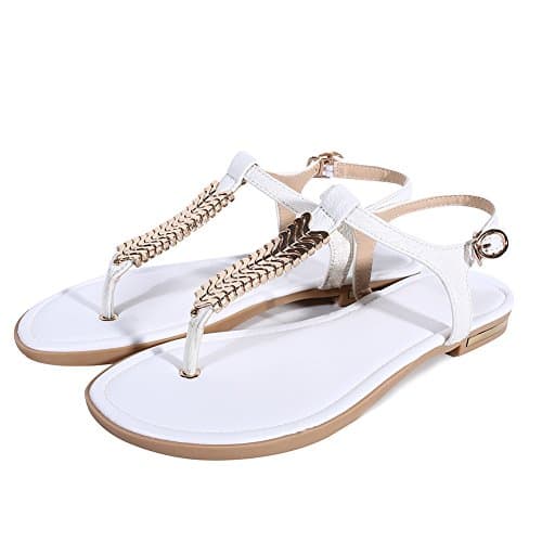 Jushee Ladies Womens Sandals T-Strap Post Thong Sandals Ankle Strap Flat Shoes White-UK4