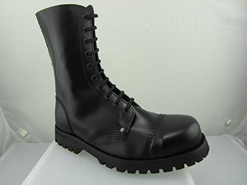 STEELGROUND UNISEX HIGH QUALITY LEATHER 10 EYE BOOTS BLACK BOX ROCK BIKER ULTRA RESISTANT
