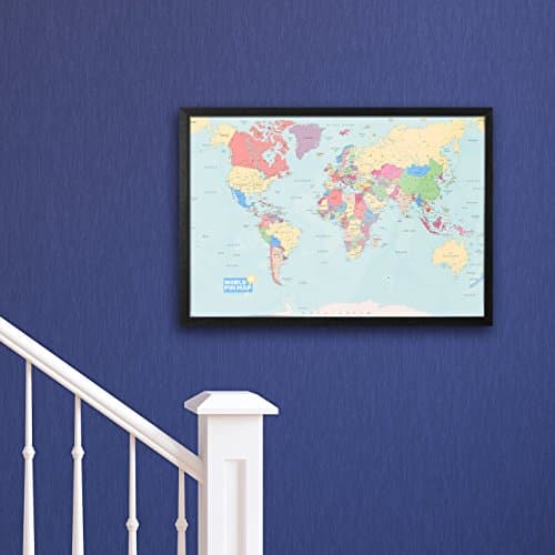 Laminated World Pinboard Map Framed in Black Wood 76 x 51cm - New Design