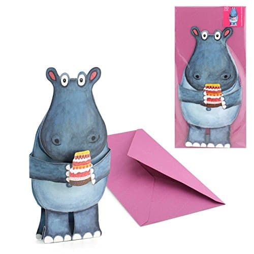POP-UP CARD "FUNNY HIPPO": A folded 3-D-card of a cute hippo with a cake - can easily stand on a table / a funny birthday card for kids