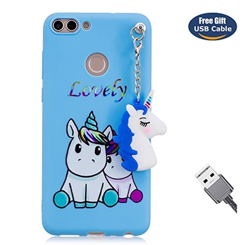 Huawei P Smart case,Huawei P Smart cover,Aireratze® Ultra Slim Soft Premium Silicone Gel Unicorn Painting TPU Fashion Thin Cover Trendy Candy Colour Cute Soft Rubber Unicorn for kid phone Back Bumper Rubber Shockproof Non-slip Protective Case for Huawei P Smart（Blue Unicorn）+ Free USB cable