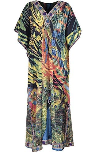 New Ladies Womens Long Cool Kaftans Printed Dress With Waist Tie (V/Peacock Turquoise)