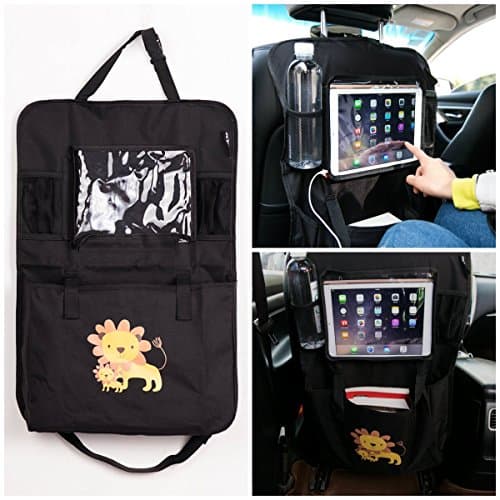 Car Back Seat Organiser With Max 9.7 inch iPad / Tablet Holder Multi-Pocket Storage Kick Mat Organiser Protectors For Car, SUV, Baby Stroller