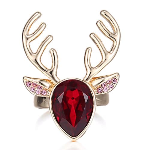 eManco Deer Antler Animal Gold Chain Red Cyrstal Adjustable Ring for Women Christmas Gift Fashion Jewellery