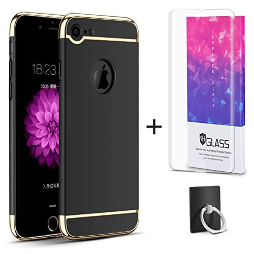 Hanglong 3 in 1 Full Protective Phone Case with Electroplate Frame For iPhone 7 (with one Tempered Glass Screen Protector)-Black