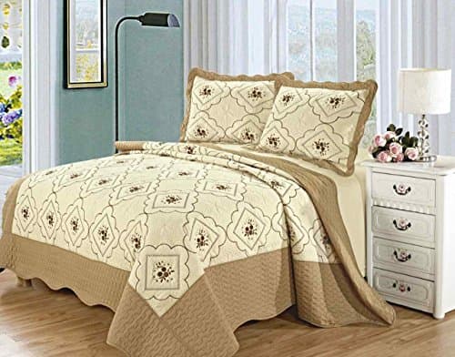 3 Piece Polycotton Floral Embroidered Quilted Bedspread Comforter Throw - Beige (Single)
