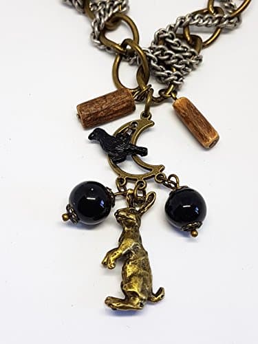 Handmade Wicca necklace bronze toned with moon gazing hare beads crescent moon black raven and hazelwood