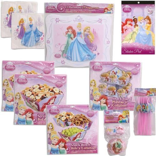 Disney Princess Ultimate Birthday Party Supply Kit for 12 - 12 Placemats, 2 large (10 x 9.75) Serving Bowls, 3 Small (5.5 x 6 x 3) Serving Bowls, 1 Cupcake Snack Stand, 18 Cupcake Cups with 18 Princess Cupcake Toppers, 18 Straws, 40 Napkins PLUS 1 Disney Princess Sticker Pad (4 Sheets) Set for Kids by TopValueSupplies