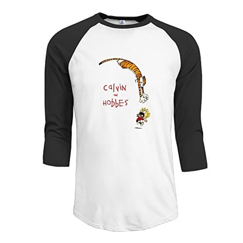 Men's Cotton O Neck 3/4 Sleeve Calvin And Hobbes Funny Athletic Baseball Raglan Sleeves T-Shirt Black US Size XL