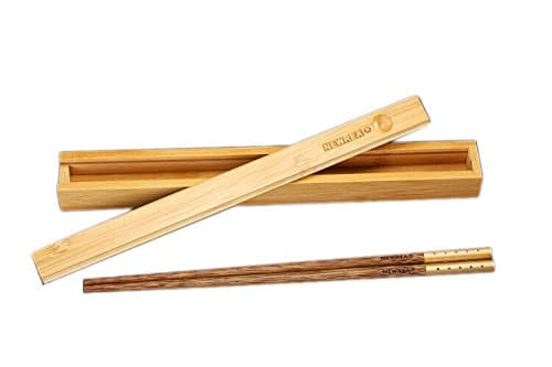 1 Pair of Wenge Wood Chinese Chopsticks Gold Color Head Deco with Bamboo Case