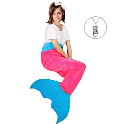 Maidream Mermaid Tail Blanket Upgraded Double-layered Soft Cozy Fleece Warm Sleeping Bag with Necklace Gift for Kids and Teens(Ages 3-12) (Pink/Lakeblue)