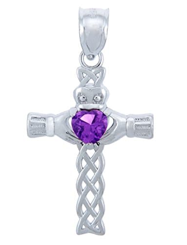 Febuary Birthstone Violet Heart CZ Sterling Silver Claddagh Cross Pendant