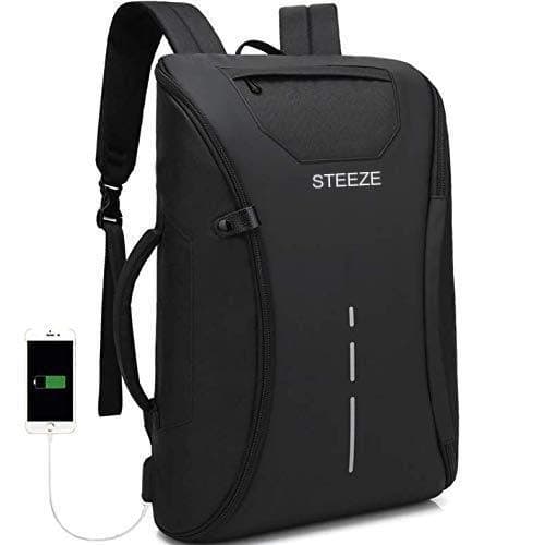 STEEZE® Faux Leather Casual Laptop Backpack Bag with USB Charging Port for Unisex (15.6” Carbon Black)