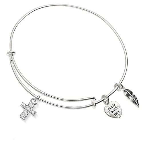 Enni of York Cross Shaped Crystal Pendant Ani-Silver Expandible Wire Bangle Bracelet