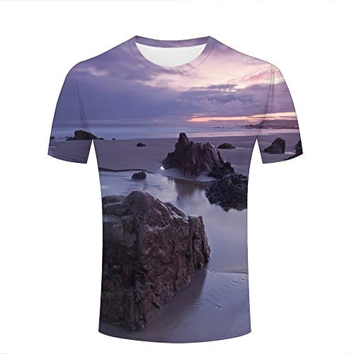 huijiameikeji Men Casual 3D T-Shirt Printed Pattern Dusk Rocks and Beach Summer Short Sleeve Tee Top 3XL