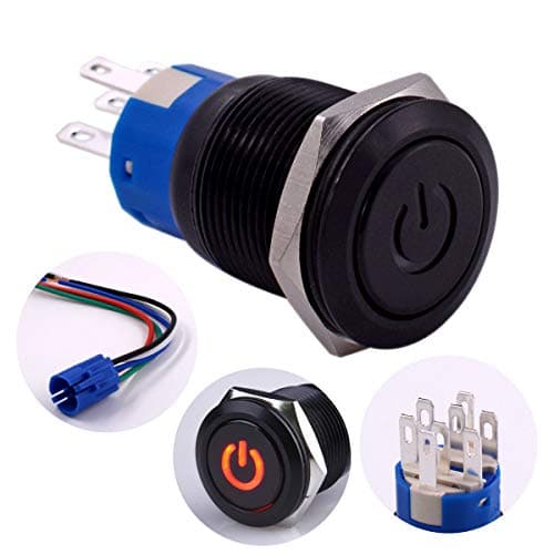 Latching Push Button Switch, URTONE UR197, 2NO2NC DPDT Black Metal Shell with 24V Power Symbol Red LED for 19mm 3/4" Mounting Hole, Include Socket