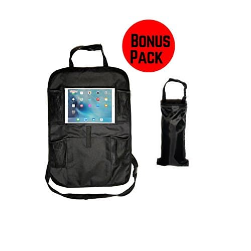 Car Backseat Organizer with Touch Screen iPad Tablet Holder and Bonus Car Seat Back Trash Can, Kick Mats, Seat Protector, Bottle & Toy Storage for Kids - 100% Waterproof, by KUMBALILO