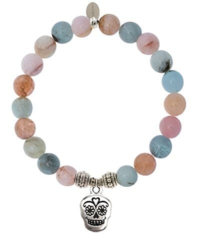 EvaDane Natural Morganite Beryl Gemstone Rope Bead Sugar Skull Charm Stretch Bracelet - Size 9 Inch ( 1_MOR_S_R_SKU_9)