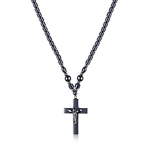 Alipeia 3 Style Cross Pendant Necklace 18'' Adjustable Link Chain (Black Iron-Stone)