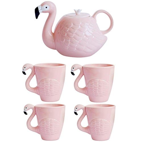 JointVictory 34 oz Teapot and 15 oz Coffee Mugs Set of 5 - Unique Flamingos Style Milk Coffee Tea Cup Ceramic Porcelain Kettle - Microwave and Dishwasher Safe (1 Kettle + 4 Mugs)