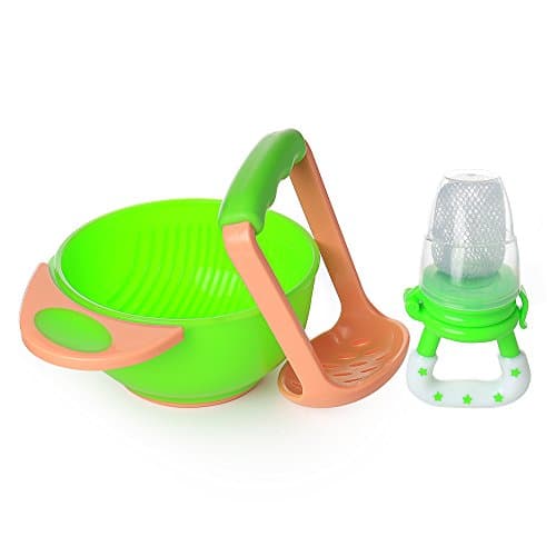 PomPerfect Mash-and-Serve Baby Feeding Set | Baby Food Feeder Teether Nibbler | Fresh Food Masher Feeding Bowl (Mesh)
