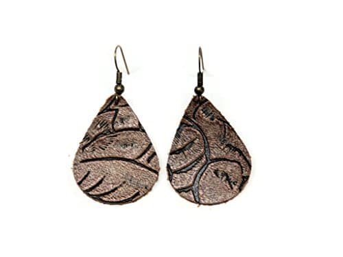 Handmade Brown Western Tooled Small Teardrop Cowhide Leather Dangle Earrings
