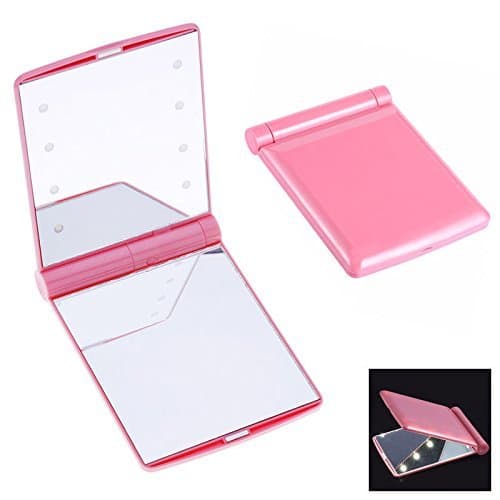 Travel Makeup Mirror, Seetwo LED Lighted Makeup Mirror Ultra-thin 8 Bright LED Lights Adjustable Brightness Portable Folding Compact Hand Cosmetic Makeup Pocket Mirror (Pink)