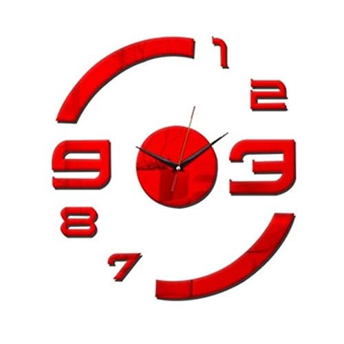 DIY Patterns Creative Mirror Surface Wall Clocks, Living Room Bedroom Wall Decorative Wall Sticker Watches (Item02-Red)