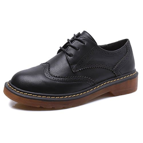 Smilun Lady's Full Brogue Derby Western Low Heel Shoes Classic Flats Round Toe