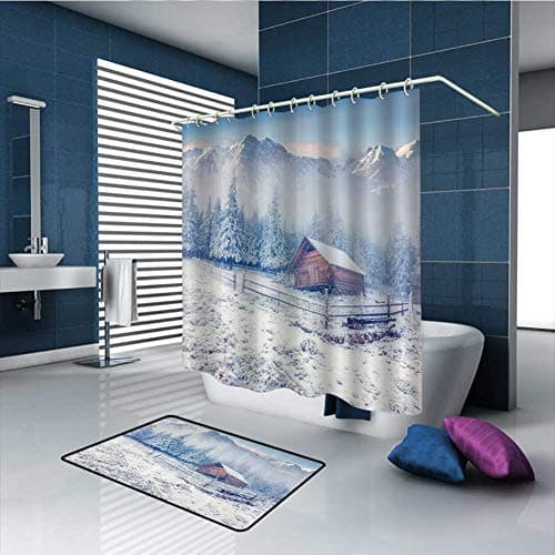 PINGYEHOME Old Farmhouse Rustic Shower Curtain Sets, Curtain with Bath Mat Set Non-Slip Soft Chenille Microfibers Bath Mat -Shower Curtain/60 x L70 & Rug/23.6" x 15.7"