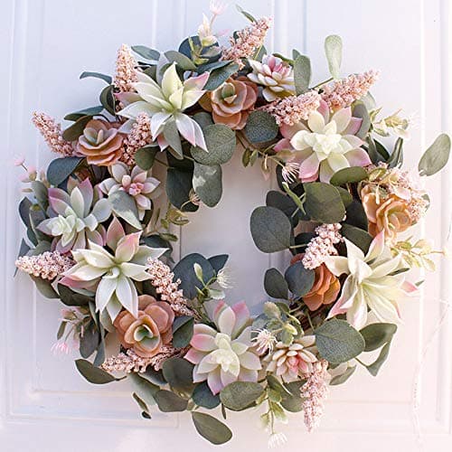 DAMEING Artificial Succulent Wreath, Decorative Greenery Wreath with Real Twig, Spring Summer Wreath Fake Succulent Plants Hanging for Front Door Wall Window Decor (16inch)