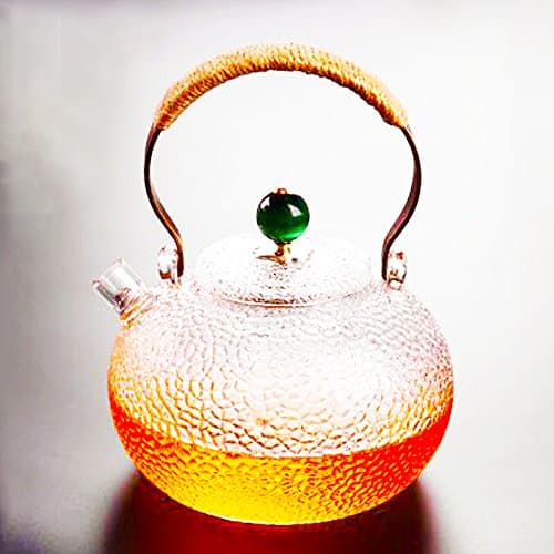 Exquisite Borosilicate Glass Teapot with Copper Handle - Microwave, Stovetop Safe 24 ounce / 700ml - Blooming and Loose Leaf Tea Kettle with Spring Tea Filter (Green Lid)