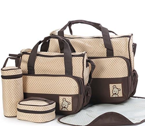 Diaper Bag Set for Boys Girls 5pcs Set Shoulder Stroller Straps Tote includes Padded Changing Pad (Brown)