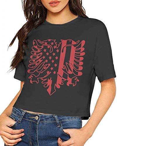 Women's Round Neck Crop Top Albania America Flag Print Basic Tee