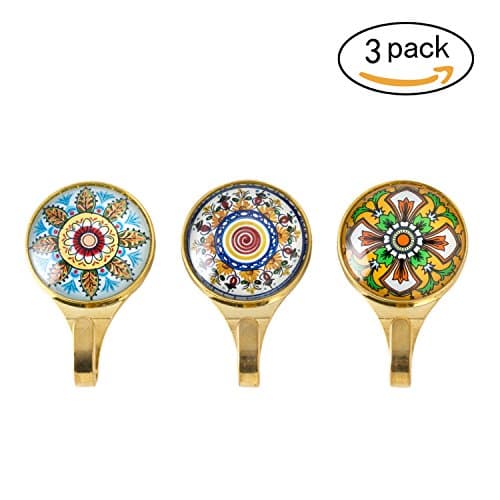 Flower Decorative Solid Wall Hooks(Set of 3) - Metal Hooks with Glass Design of Psychedelic Flowers - Easy Installation &amp; Screws Included - Heavy Things No Problem