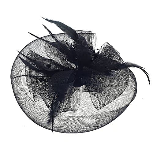 Navifoce Women's Large Mesh Net Bowknot Beaded Feather and Veil Fascinators Headwear with Hair Clip Hat and Brooch (Black)