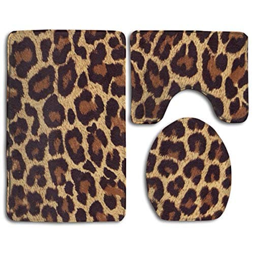 Tub-Shower Bath Rug Set 3 Pc - Memory Foam Shaggy Rugs-Super Absorbent U-Shaped Bath Mats Lid Cover - Non Slip, Toilet Quick Dry Leopard Print Rug Mat