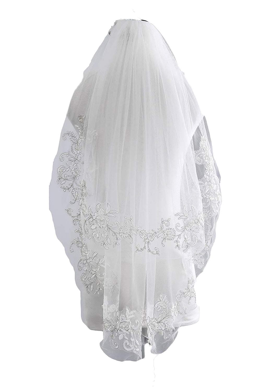 Veilbridal Short 2 Tiers Vintage Inspired Pearl Beaded Lace Applique Bridal Wedding Veils