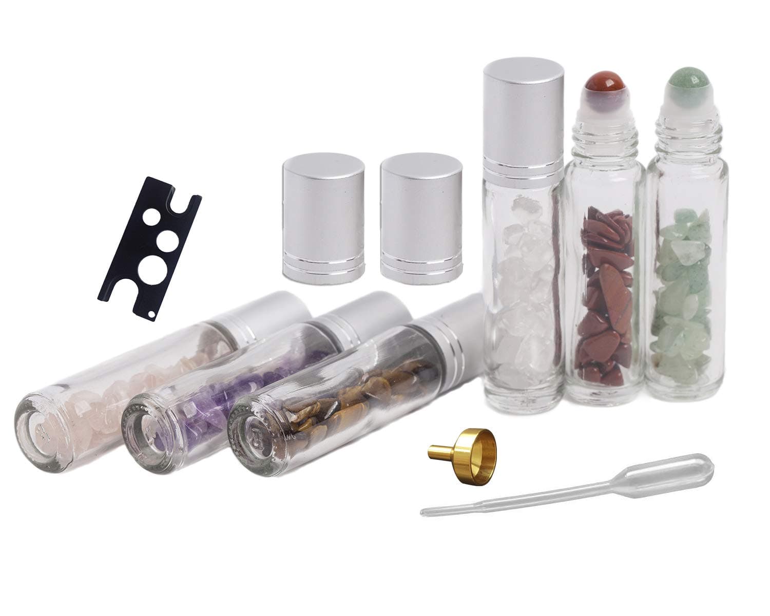 AMOYSTONE 6 Pack 10ml Essential Oils Gemstone Bottles Skinny Roller Massage Ball Clear Glass Bottles & Natural Crystals Stones Healing Chips Inside for Mothers Day Gifts (3 Dropper, 1 Bottle Opener)