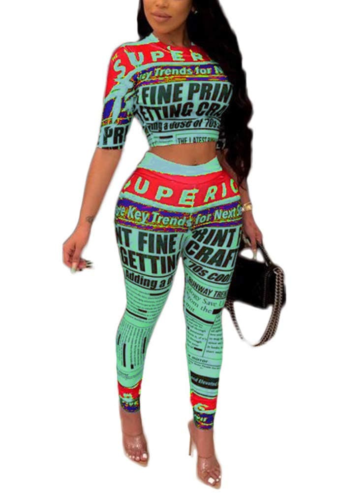 Women's Crew Neck Short Sleeve Crop Top and Pants Sets Letters Print Bodycon 2 Piece Outfit Sports Tracksuits