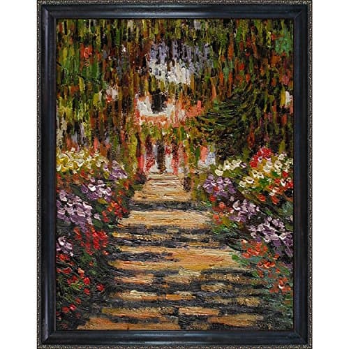 overstockArt Monet Garden Path at Giverny with La Scala Frame Oil Painting, Black and Gold Finish
