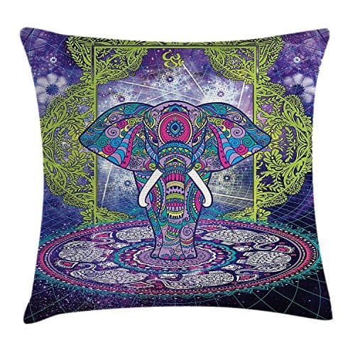 Ethnic Throw Pillow Cushion Cover by Ambesonne, Sacred Figure Elephant Standing in Mandala over Outer Space Cosmos Hippie Design, Decorative Square Accent Pillow Case, 18 X 18 Inches, Purple Green