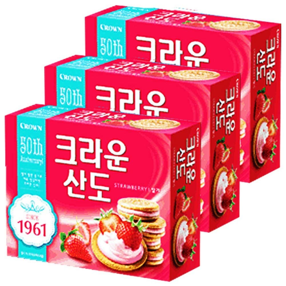 Crown Sando Strawberry Cream | 161g | 6 Boxes, Korean Snack, Strawberry Cream Filling Sandwich Biscuit, Sweet & Fruity, 산도 딸기 샌드